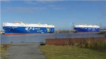 Die „Lake Shirasagi“ und die  „CMA CGM Daytona“ im Osthafen in Bremerhaven.