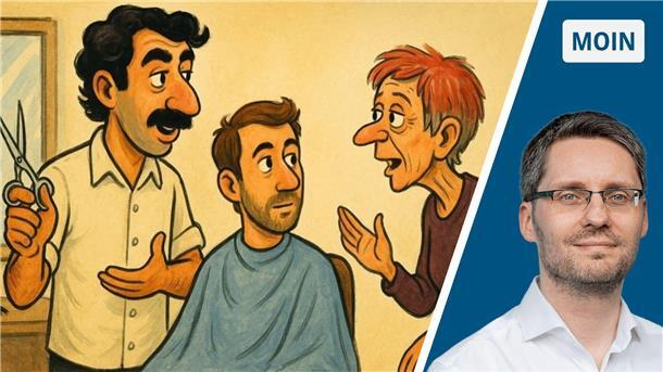 Drei Comic-Figuren: Ein Friseur mit Schere, ein Kunde und eine ältere Frau mit roten Haaren. Rechts daneben das Porträt des Reporters Pascal Patrick Pfaff.