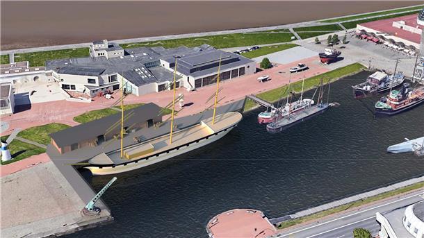 Hafenanlage mit Segelschiff