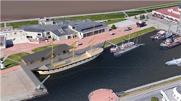 Hafenanlage mit Segelschiff