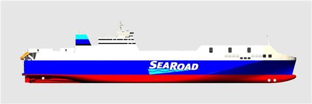 Die Illustration einer Frachtfähre im "Seitenprofil". Die neue RoRo-Frachtfähre für SeaRoad entsteht in Flensburg. Das LNG-betriebene Schiff wird 2026 auf der Bass-Straße zwischen Tasmanien und dem australischen Festland in Dienst gestellt. 