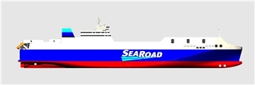 Die Illustration einer Frachtfähre im "Seitenprofil". Die neue RoRo-Frachtfähre für SeaRoad entsteht in Flensburg. Das LNG-betriebene Schiff wird 2026 auf der Bass-Straße zwischen Tasmanien und dem australischen Festland in Dienst gestellt. 