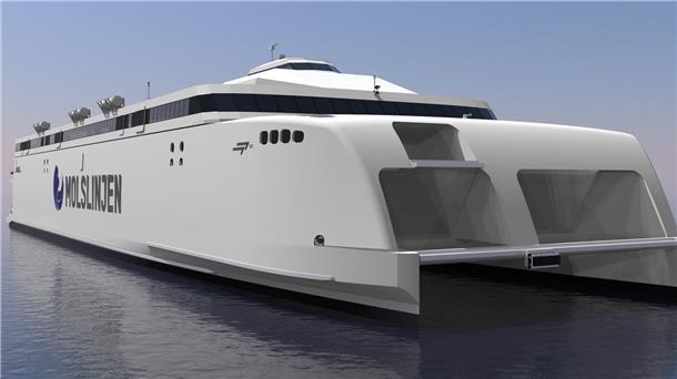 Rendering einer Fähre. Die neuen Katamaran-Fähren von Molslinjen entstehen bei Incat in Tasmanien. Mit Elektroantrieb sollen sie ab 2027 das Kattegat mit mehr als 40 Knoten Geschwindigkeit queren.