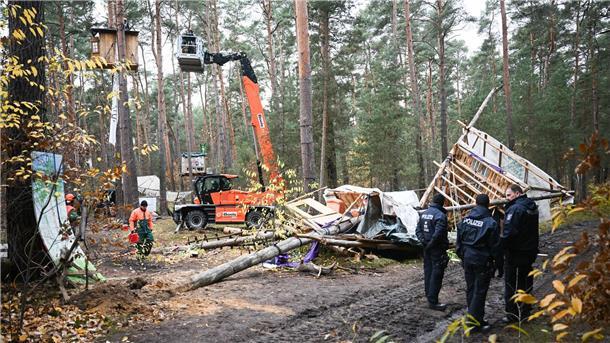 Die Polizei holt Tesla-Gegner von Bäumen im aufgelösten Protestcamp in Grünheide bei Berlin.