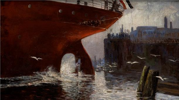 Die Reederstochter Sophie Wencke malte 1898 den „Stapellauf der ,Assyria‘“ auf der väterlichen Werft. Der mächtige rote Schiffsbug beherrscht die Szene.