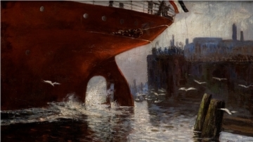 Die Reederstochter Sophie Wencke malte 1898 den „Stapellauf der ,Assyria‘“ auf der väterlichen Werft. Der mächtige rote Schiffsbug beherrscht die Szene.