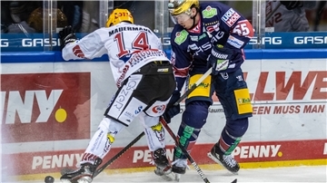Eishockey: DEL, Eisbären Berlin - Pinguins Bremerhaven, Hauptrunde, Hauptrunde-Partien, 1. Spieltag, Mercedes-Benz Arena. Ross Mauermann (l) von Pinguins Bremerhaven kämpft gegen Berlins John Ramage um den Puck.