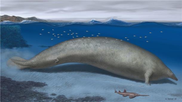 Fossilfund: Wal könnte schwerstes Tier der Welt gewesen sein Die Rekonstruktion von „Perucetus colossus“, mit einer geschätzen Körperlänge von circa 20 Metern.