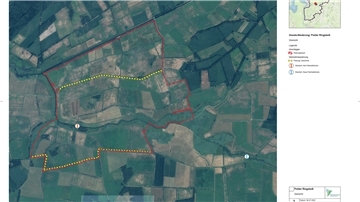 Die rote Linie zeigt das Planungsgebiet. Als weißer Punkt links ist der alte Brückenstandort eingezeichnet, der Punkt weiter rechts zeigt, wo die Brücke jetzt entstehen soll.