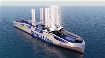 Die Illustration eines Schiffs. "Stena Line" ist auf diesem Schiff in großen Buchstaben zu lesen. Die schwedische Fährreederei Stena Line präsentiert mit der „Stena Futuro“ ein innovatives Konzeptschiff. Der Hybridantrieb und vier Flügelsegel sollen den Treibstoffverbrauch senken und eine umweltfreundlichere Schifffahrt ermöglichen.