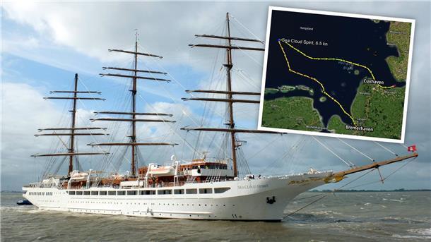 Die "Sea Cloud Spirit" steuerte am Dienstagabend auf Helgoland zu, wo sie auf starken Wellengang stieß.