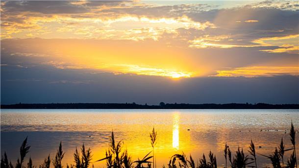 Winterzeit beginnt mit ungewöhnlich milden Temperaturen Die Sonne geht über dem Steinhuder Meer in der Region Hannover auf.