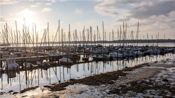 Ruhe und Sonne nach Feuerwehreinsätzen wegen Sturm „Poly“ Die Sonne scheint auf einen Bootshafen an der Kieler Förde, aus dem das Sturmtief „Poly“ das Wasser herausgedrückt hat, so dass die normalerweise mit Wasser bedeckten Ufer trocken liegen.