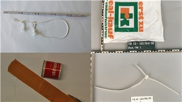 Die Tatmittel: eine auffällige Nylonschnur, sie zeigt an jedem Ende eine Schlaufe; eine Plastiktüte, fünf Zentimeter breiter Leukoplast und Kabelbinder.