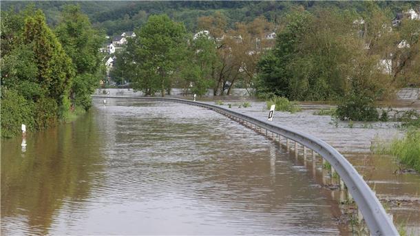 Die überflutete Straße L98 bei Cochem an der Mosel (Rheinland-Pfalz).