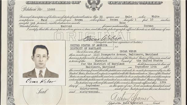US-amerikanische Staatsbürgerschaftsurkunde für Oscar Weber aus dem Jahr 1936
