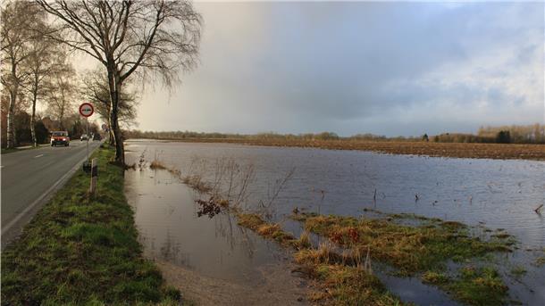Die Wesermünder Straße in Höhe Heidekultur droht, von den Wassermassen überschwemmt zu werden. Der tiefe Graben am Straßenrand kann die Wassermassen, die vom Feld her kommen, noch gerade so aufnehmen.