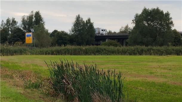 Im Vordergrund ist eine Weidefläche zu sehen, im Hintergrund sieht man ein Verkehrsschild und eine Brücke mit Lkw.
