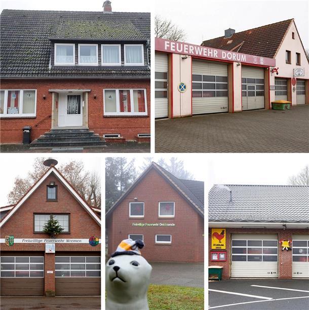 Diese fünf Gerätehäuser der Freiwilligen Feuerwehren Nordholz (links oben, im Uhrzeigersinn), Dorum, Midlum, Deichsende und Wremen sollen Ende 2026 Geschichte sein. 