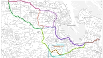 Diese Trassen-Alternativen sind Gegenstand des Raumordnungsverfahrens. Hier die Karte für die Anbindung bis zum abgeschalteten KKU Unterweser. Vorzugsalternative der TenneT Offshore ist Alternative 1 mit Alternative 1/2b.