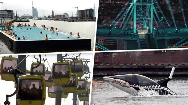 Diese Vorschläge sorgten in den vergangen 30 Jahren für Aufsehen (im Uhrzeigersinn): Mit dem Orca-Boot durch die Wellen tauchen, in der Seilbahn über die Stadt gleiten,  auf dem Badeschiff im Neuen Hafen entspannen. 