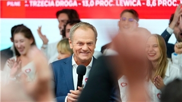 Donald Tusk, ehemaliger polnischer Ministerpräsident und Oppositionsführer, in der Parteizentrale seiner Partei in Warschau.