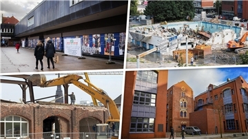 Dreimal Abriss, einmal Erhalt (im Uhrzeigersinn von unten links): Rogge-Halle, Karstadt-Gebäude, Stadtbad sowie das in die Hochschule integrierte Brauerei/Auswandererhaus.   
