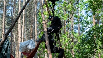 Ein Aktivist wird von einem Polizeibeamten aus einem Baumhaus in der Wuhlheide geholt.