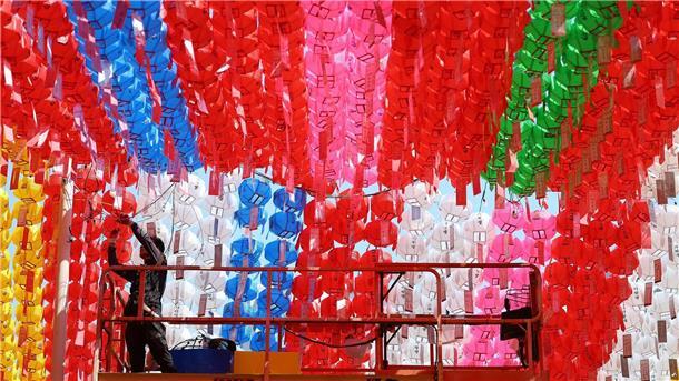 Ein Arbeiter hängt vor Buddhas Geburtstag, der dieses Jahr auf den 15. Mai fällt, Lotuslaternen im Jogye-Tempel in Seoul auf.
