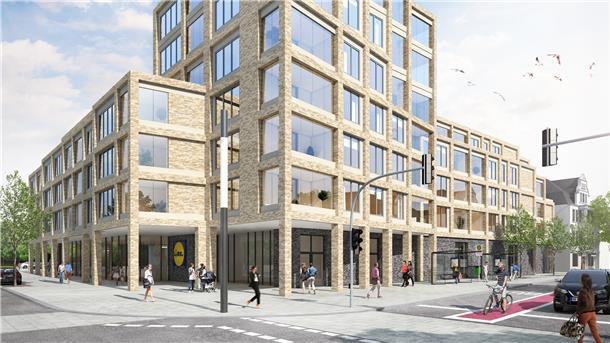 Ein architektonischer Hingucker als neue Landmarke an der Weserstraße. Im Erdgeschoss wird sich eine Lidl-Filiale befinden, darüber entstehen Mietwohnungen.