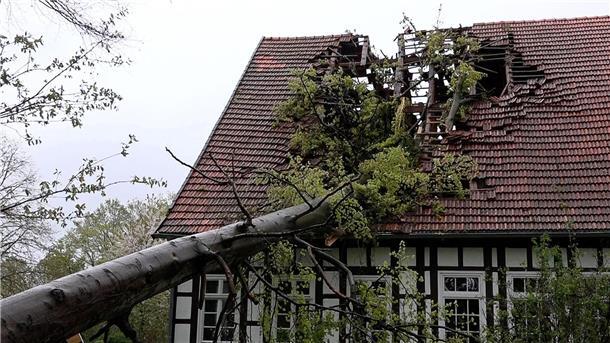 Unwetter in der Nacht: Passanten verletzt, Züge verspätet Ein Baum hat im Kreis Steinfurt (Nordrhein-Westfalen) infolge des Sturms das Dach eines Fachwerkhauses schwer beschädigt.