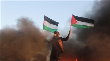 Ein Demonstrant in Gaza mit palästinensischen Fahnen (Archivbild).