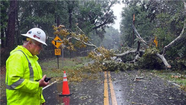 Hurrikan „Idalia“ trifft Florida Ein Elektriker der Stadt Tallahassee begutachtet die Schäden an den Stromleitungen.