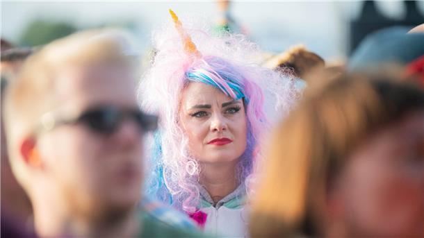 Deichbrand 2023: Magische Momente auf und vor den BÜHNEN (Fotos) Ein Fan von Jan Delay und Disko No.1 hat sich als Einhorn verkleidet.