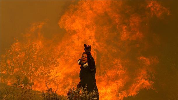 Ein Feuerwehrmann kämpft im griechischen Dorf Hasia nahe Athen gegen ein Flammenmeer.