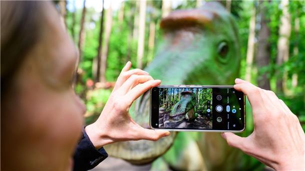 Ein Frau fotografiert im Wildpark Schwarze Berge ein Dinosauriermodell.