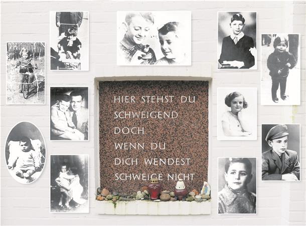 Ein Gedenkstein im Rosengarten nahe der Schule am Bullenhuser Damm in Hamburg erinnert an die 20 Kinder – unter ihnen (von oben Mitte im Uhrzeigersinn) Eduard und Alexander Hornemann (ermordet im Alter von 12 und 8 Jahren), Georges-André Kohn (12), Mania Altmann (7), Jacqueline Morgenstern (12), Walter Jungleib (12), Sergio de Simone (7), Roman Witonska (6), Riwka Herszberg (6), Marek James (6), Ruchla Zlyberberg (8) und Eduard Reichenbaum (10). Außerdem starben Bluma Mekler (11), Lea Klygerman (7), Eleonora Witonska (5), Lelka Birnbaum (12), Surcis Goldinger (10 oder 11), Marek Steinbaum (6), Roman Zeller (12) und H. Wassermann (8), ein jüdisches Mädchen aus Polen, von dem heute nicht mehr als das Alter bekannt ist.
