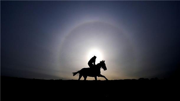 Bilder des Tages Ein Jockey mit seinem Pferd bei Sonnenaufgang auf der Galoppbahn vor dem zweiten Tag des Cheltenham Festivals auf dem Cheltenham Racecourse in der Grafschaft Gloucestershire.