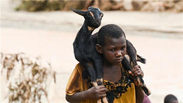 Bilder des Tages Ein Kind trägt eine Ziege auf den Schultern durch einen überschwemmten Fluss. In Malawi sind aufgrund des außergewöhnlich langanhaltenden Tropensturms „Freddy“ mehr als 300 Menschen gestorben.