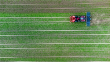 Ein Landwirt fährt mit seinem Trecker über ein Feld.