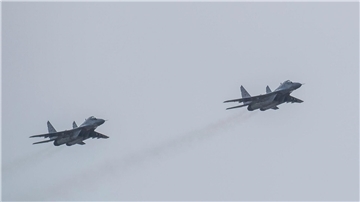 Ein MiG-29-Kampfflugzeug während einer Flugschau auf dem Luftwaffenstützpunkt Malacky-Kuchyoa in der Slowakei.