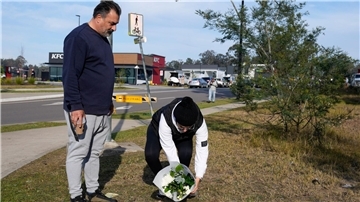 Ein Paar legt Blumen an einer Straßensperre in der Nähe des Unglücksortes nördlich von Sydney ab.