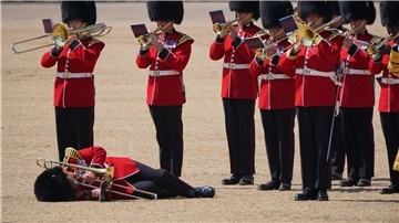 Ein Posaunist der Militärkapelle fällt während der Generalprobe für die Geburtstagsparade für König Charles III. in Ohnmacht.