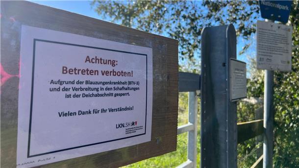 Viele Schutzdeiche in Schleswig-Holstein gesperrt Ein Schild am Zugang zu einem Deich auf Sylt weist darauf hin, dass der Zutritt wegen der Blauzungenkrankheit gesperrt ist.
