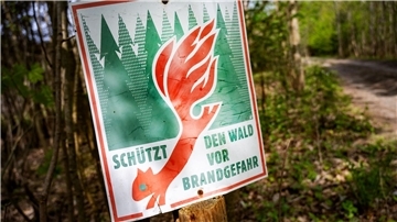 Ministerium und Feuerwehr informieren über Waldbrandgefahr Ein Schild mit der Aufschrift „Schütz den Wald vor Brandgefahr“ hängt in einem Wald an einem Waldweg.