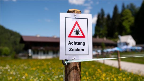 Landesgesundheitsamt erwartet große Zecken-Population Ein Schild warnt an einem Wanderweg vor Zecken.