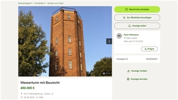 Anzeige auf Kleinanzeigen. Wasserturm für 450.000 Euro.