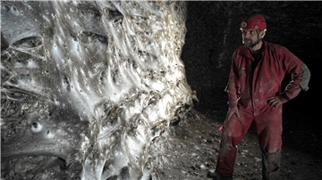 Ein Wissenschaftler vor dem riesigen Spinnennetz