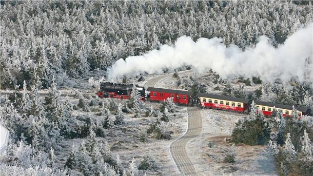 Ein Zug der Harzer Schmalspurbahnen GmbH HSB fährt durch den mit Raureif bedeckten Brockenwald.