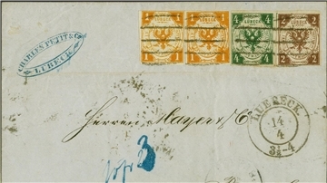 Eine alte Postsendung mit seltenen Postwertzeichen aus der Sammlung des  Tengelmann-Chefs und Milliardärs Erivan Haub.